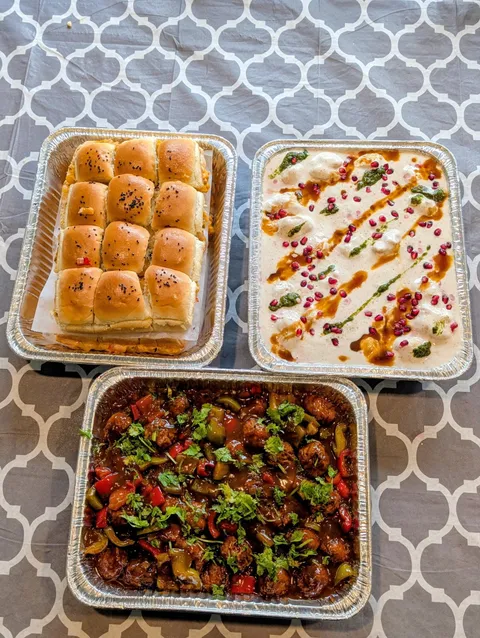 Party trays of sliders, dahi bhalla and veg manchurian