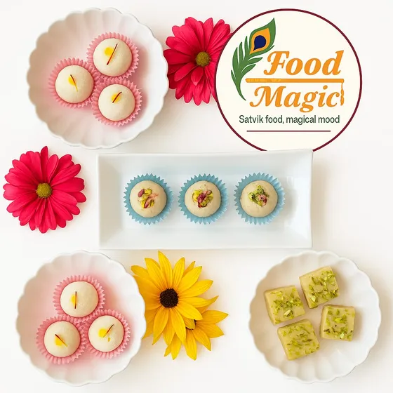 An assortment of Food Magic sweets — malai ladoo, pedas and pista barfi